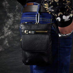 Retro oil-and-wax leather mobile phone bag with a 7-inch top layer of cowhide bag, single shoulder slanting straddle bag, casual men`s Fanny pack, lychee pattern black