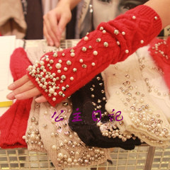 Matching sleeves, coats, furs, Korean imports, imports of long, with pearls, studded with diamond, wool, wool, gloves