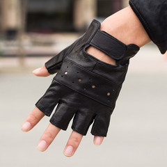 Personalized performance hip hop, nail, semi finger gloves, stretch canvas, black leather gloves, men