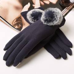 The spring and autumn and winter thin cotton lady lovely rabbit hair ball touch gloves Korean fashion warm