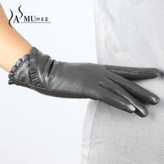 Sheepskin gloves, ladies short leather gloves, winter warm, plus cashmere, hand repair, spring and autumn thin, touch screen leather gloves
