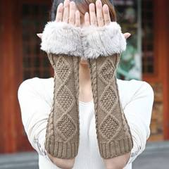 Korean version of gloves, women's dew refers to the autumn winter lovely sweater false sleeves thickened knitted semi finger lengthened thermal arms, hair rhombohedron [Khaki]