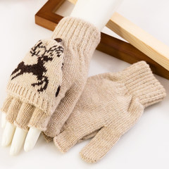 The spring and Autumn period all-match Korean female no finger flip Winter Half Finger thick warm male student lovely knitting gloves Fawn - Beige