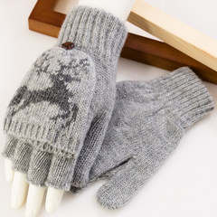 The spring and Autumn period all-match Korean female no finger flip Winter Half Finger thick warm male student lovely knitting gloves Deer grey