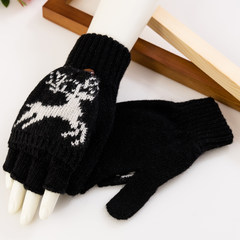 The spring and Autumn period all-match Korean female no finger flip Winter Half Finger thick warm male student lovely knitting gloves Fawn - Black