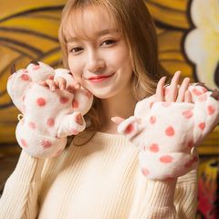 Cartoon Plush Finger Gloves, female Korean version, cute big claws, protective gloves, bear claws, warm gloves, female winter tide Watermelon red spots on white background