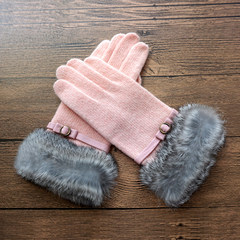 瑞迪卡欧秋冬新品唯美纯羊毛毛线羊皮皮带兔毛口加厚保暖女士手套