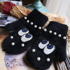 The Korean version of Pearl Eye Lip rabbit Mittens Warm Winter Fashion Girls cool black gloves