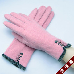 Autumn and winter women warm, double decker cashmere wool, cashmere gloves, cold, thickening, riding, the whole finger refers to the Korean version of lovely Pink Leather