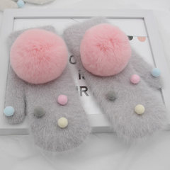 Glove girl winter Han knitted whole finger gloves, lovely rabbit hair, warm and thickened, and fluffy player + white powder.