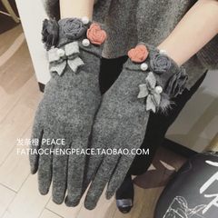 Korean cute female winter all-match with thickened villi warm fingers drive students cycling gloves touch gloves Grey orange Camellia