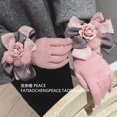 Korean cute female winter all-match with thickened villi warm fingers drive students cycling gloves touch gloves Powder gray big butterfly knot Camellia