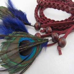Wine red leather series three shares of blue feather peacock eye feather Wooden Bead Tassel woman waist belt belt