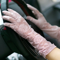 Driving lace sunscreen gloves, ladies thin summer, short touch screen, fashionable spring and autumn anti-skid, breathable and anti ultraviolet D13 medium length (leather powder)
