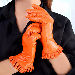 Korean female sheepskin leather gloves special offer spring fashion lace single thin Kuanqiu plus velvet thick warm winter Orange velvet