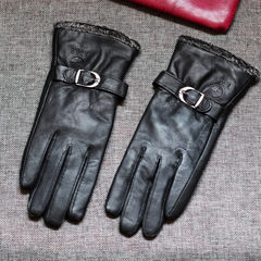 New ladies leather gloves, sheep skin, winter thickening, warm, Korean version, riding thin leather gloves, driving Black leather gloves (special offer)