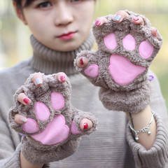 Female winter short, half refers to students writing, big cat claws plus cashmere gloves, Korean cartoon cute men and women gloves