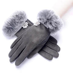 Ladies' warm gloves, autumn and winter, velvet, thickening, touch screen, bow tie, Korean version, riding, driving, suede mittens (rabbit hair), elegant grey.
