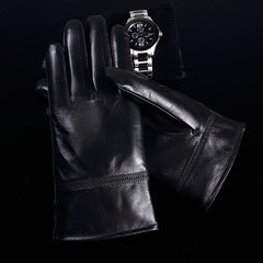 Leather gloves, driving, sheepskin gloves, thickening, warmth, autumn and winter riding, women's thin leather gloves, men Black Ladies