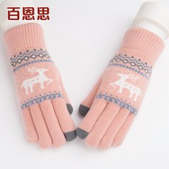 Winter plus thickening, students warm knitting gloves, female winter cute Korean deer touch screen