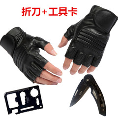 Anti slip tactics, special forces, half gloves, motorcycle, half finger, men and women riding, leather gloves, outdoor riding in summer Black - (a knife tool card)