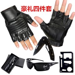 Anti slip tactics, special forces, half gloves, motorcycle, half finger, men and women riding, leather gloves, outdoor riding in summer Black - (a knife tool card flashlight glasses)