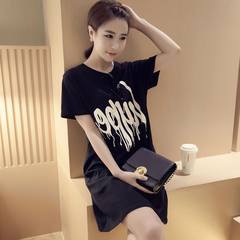 Fashion female Siamese pajamas summer Nightgown cotton short sleeved dress Korean students in the spring and summer long wear Dress 3007 black alphabet skirt