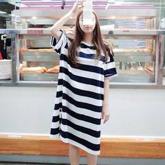 Fashion female Siamese pajamas summer Nightgown cotton short sleeved dress Korean students in the spring and summer long wear Blue and white stripes