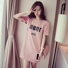 Fashion female Siamese pajamas summer Nightgown cotton short sleeved dress Korean students in the spring and summer long wear 1986 powder