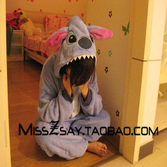 Disney dream stitch cartoon animal COS Siamese loose long thick coral velvet couples sleeping clothes Blue + teeth