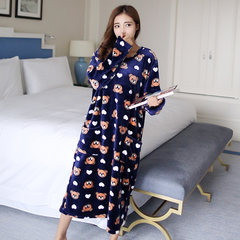 Sweet lady winter pajamas long sleeved coral fleece Nightgown size thickened loose flannel suit Home Furnishing Teddy bear blue