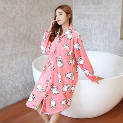 Sweet lady winter pajamas long sleeved coral fleece Nightgown size thickened loose flannel suit Home Furnishing Large white pink cardigan