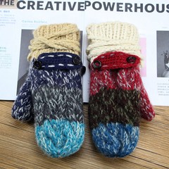 Cute Korean Winter Knit Gloves with velvet bag lanyard liner thick warm mittens Ms.