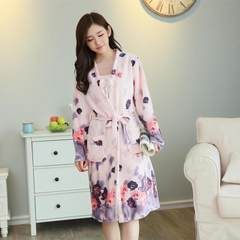 Thickened Coral Fleece Pajamas female in autumn and winter long nightdress lovely flannel gown two piece Home Furnishing clothing L code 201-9 purple ink