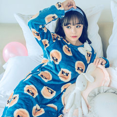 Autumn and winter Coral Fleece Pajamas nightdress female Korean sweet thick flannel suit a long sleeved Home Furnishing woman velvet skirt 160 (M) 03013# stupid cashmere dress