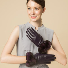 Hongkong Korean sheepskin leather gloves buta female rabbit hair thickening warm winter fashion touch gloves