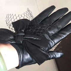 Haining genuine big bow yarn gloves sheep skin leather gloves short ladies touch screen