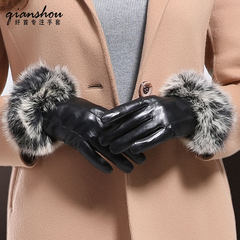 Ladies leather gloves in autumn and winter with warm lovely female rabbit hair fiber thickening cashmere first sheepskin gloves
