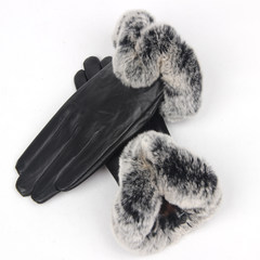 The new female rabbit hair gloves leather gloves in winter and autumn and winter female sheep cashmere thick warm gloves