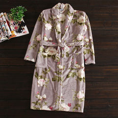 Kappa couples and women bathrobe Coral Fleece Pajamas gown long pure winter S (chest, 98cm) pocket Gray large flowers (flannel)