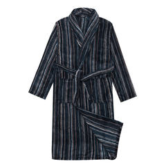 Kappa couples and women bathrobe Coral Fleece Pajamas gown long pure winter S (chest, 98cm) pocket Blue stripes (coral velvet)