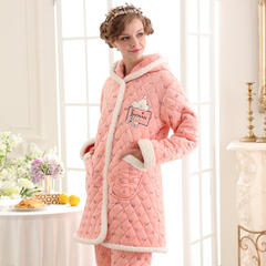 Winter hooded robe quilted lengthened Coral Fleece Pajamas long sleeved women winter clothing Home Furnishing cute cardigan Nightgown 160 (M) Trouser suit