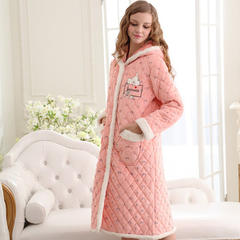 Winter hooded robe quilted lengthened Coral Fleece Pajamas long sleeved women winter clothing Home Furnishing cute cardigan Nightgown 160 (M) Shrimp coloured Robe