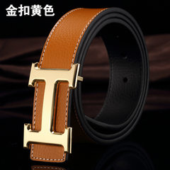 H buckle belt, male and female genuine leather letters smooth buckle youth belt, Korean version with gift boxes, leisure pure leather pants, gold buckle yellow 115cm