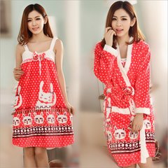 Ladies winter thickened Coral Fleece Pajamas bathrobe Nightgown dress cute cartoon cow two Flannel Suit 325 Kitty