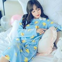 Flannel Nightgown female long Korean sweet winter, thick long sleeved pajamas Home Furnishing coral fleece clothing 3010 ducks [cashmere]