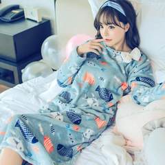 Flannel Nightgown female long Korean sweet winter, thick long sleeved pajamas Home Furnishing coral fleece clothing 3009 fish [cashmere]