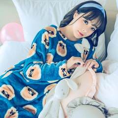 Flannel Nightgown female long Korean sweet winter, thick long sleeved pajamas Home Furnishing coral fleece clothing 3013 Meng [cashmere]