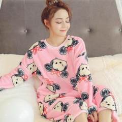 Flannel Nightgown female long Korean sweet winter, thick long sleeved pajamas Home Furnishing coral fleece clothing MOE Mickey pink [cashmere]