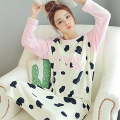 Flannel Nightgown female long Korean sweet winter, thick long sleeved pajamas Home Furnishing coral fleece clothing Pink milk [cashmere]